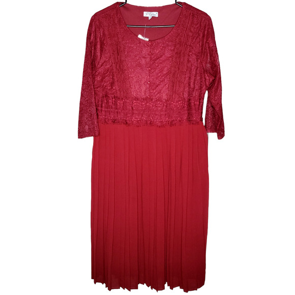 Polagram Burgundy Pleated Skirt Lace 3/4 Sleeve Knee Length Red Dress Women Sz L - Picture 1 of 8